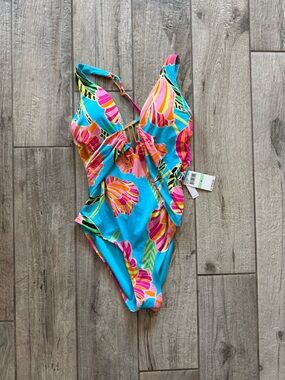 One-Piece Swimsuit - Bright Turquoise Floral